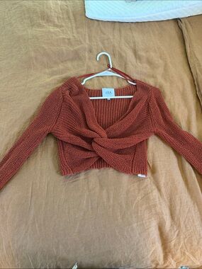 J.O.A. Rust Twist-Front Off-Shoulder Cropped Sweater